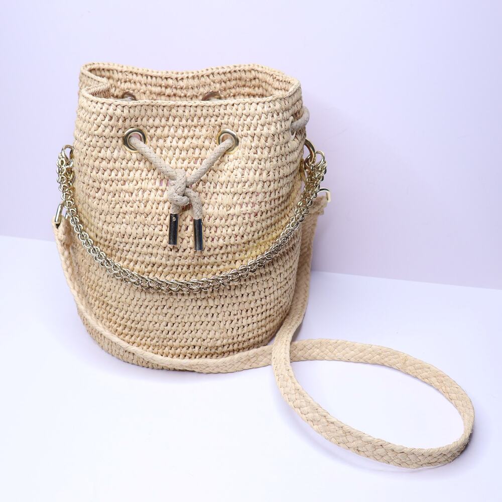 PACO RABANNE Natural Raffia Bucket Bag Gold Chain Link Top Handle Crossbody Bag